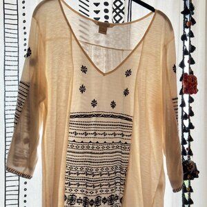 Lucky Brand boho cream jersey tunic with black embroidery (XL)